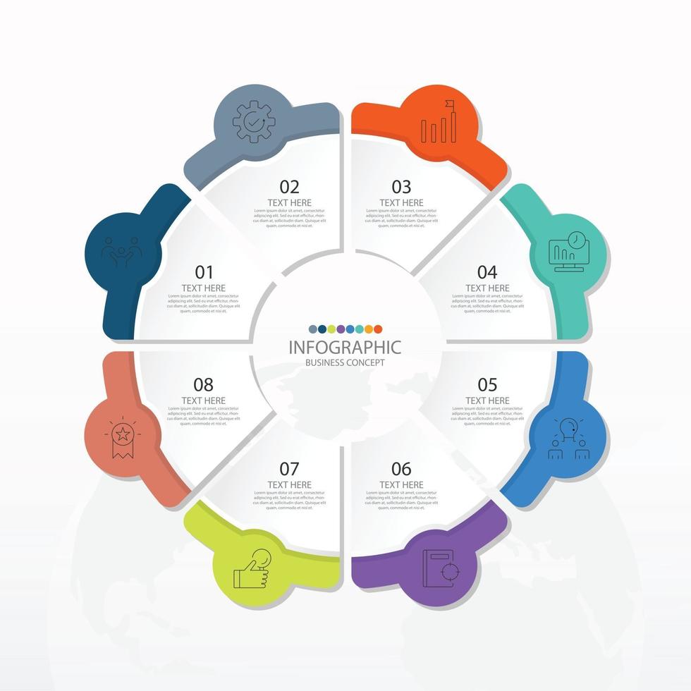 Plantilla de infografía de círculo básico con 8 pasos, proceso u opciones, diagrama de proceso, utilizado para diagrama de proceso, presentaciones, diseño de flujo de trabajo, diagrama de flujo, infografía. ilustración vectorial eps10. vector