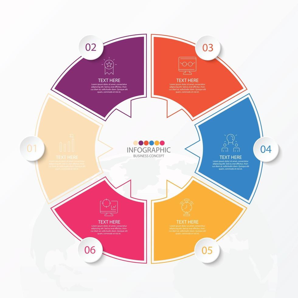 Plantilla de infografía de círculo básico con 6 pasos, proceso u opciones, diagrama de proceso, utilizado para diagrama de proceso, presentaciones, diseño de flujo de trabajo, diagrama de flujo, infografía. ilustración vectorial eps10. vector