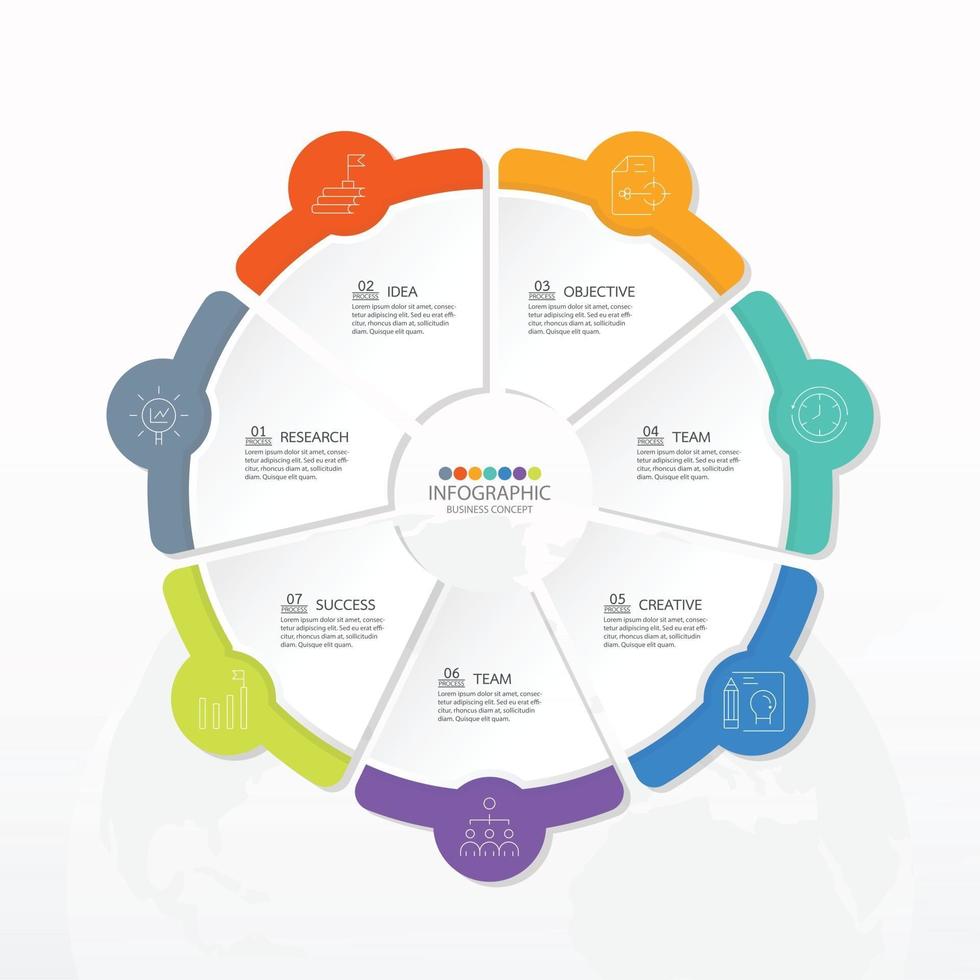 Basic circle infographic template with 7 steps, process or options, process chart, Used for process diagram, presentations, workflow layout, flow chart, infograph. Vector eps10 illustration.