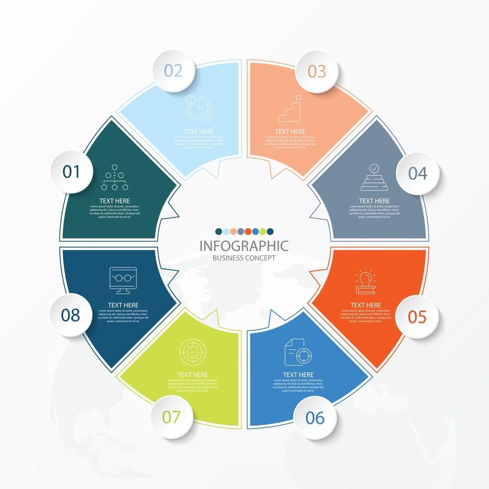 Basic circle infographic template with 8 steps, process or options, process chart, Used for process diagram, presentations, workflow layout, flow chart, infograph. Vector eps10 illustration.