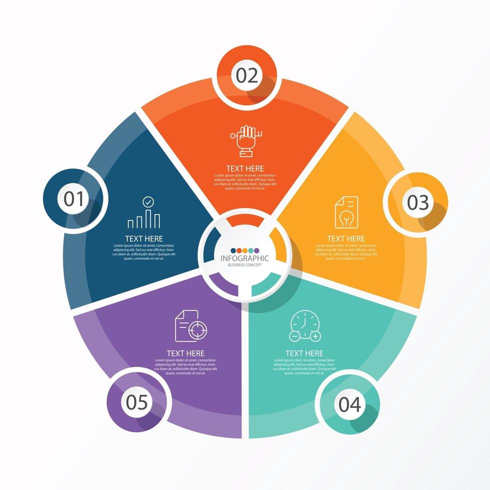 Basic circle infographic template with 5 steps, process or options, process chart, Used for process diagram, presentations, workflow layout, flow chart, infograph. Vector eps10 illustration.