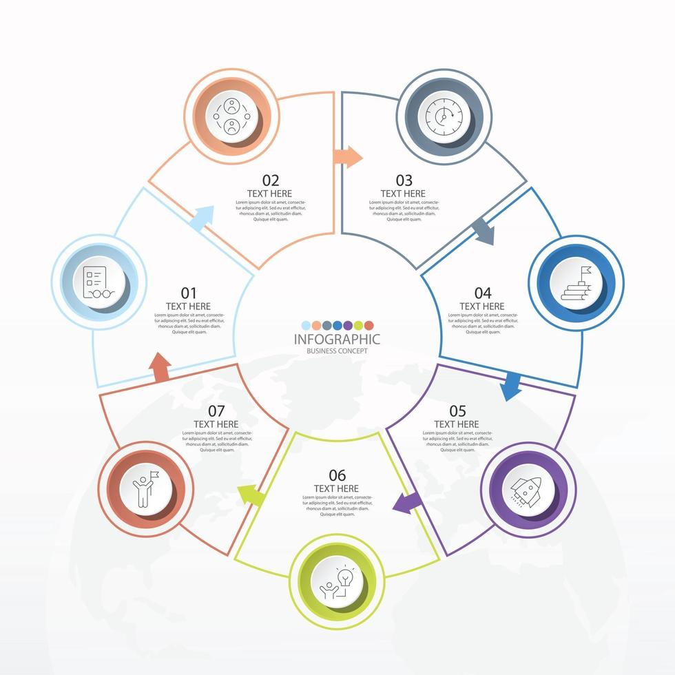 Basic circle infographic template with 7 steps, process or options, process chart, Used for process diagram, presentations, workflow layout, flow chart, infograph. Vector eps10 illustration.