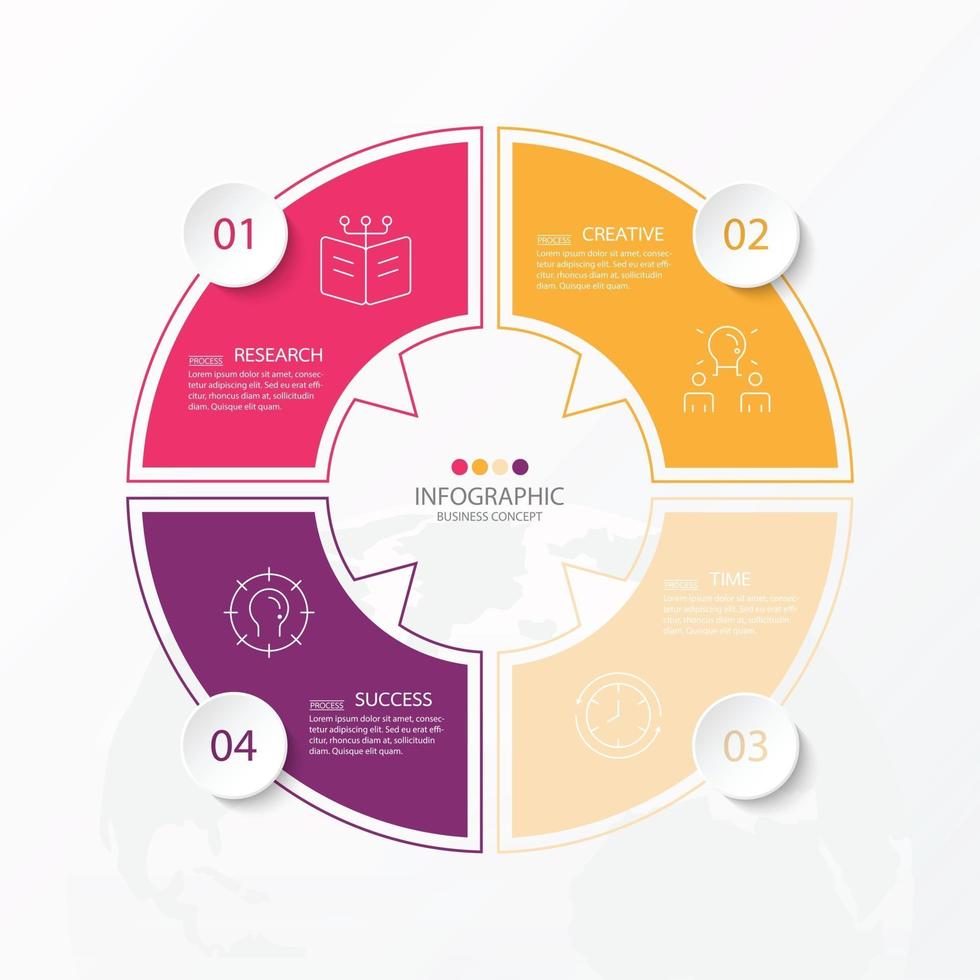 Basic circle infographic template with 4 steps, process or options, process chart, Used for process diagram, presentations, workflow layout, flow chart, infograph. Vector eps10 illustration.