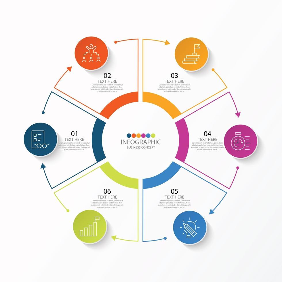 Basic circle infographic template with 6 steps, process or options, process chart, Used for process diagram, presentations, workflow layout, flow chart, infograph. Vector eps10 illustration.