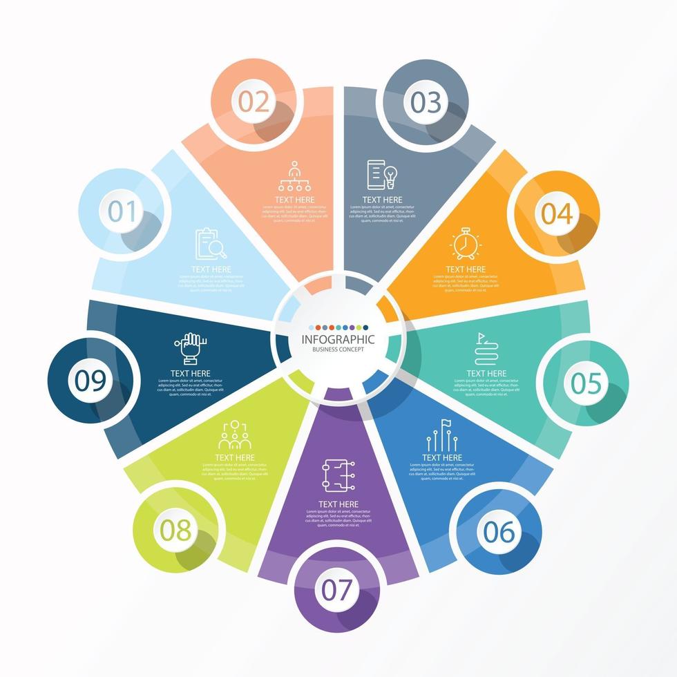 Basic circle infographic template with 9 steps, process or options, process chart, Used for process diagram, presentations, workflow layout, flow chart, infograph. Vector eps10 illustration.