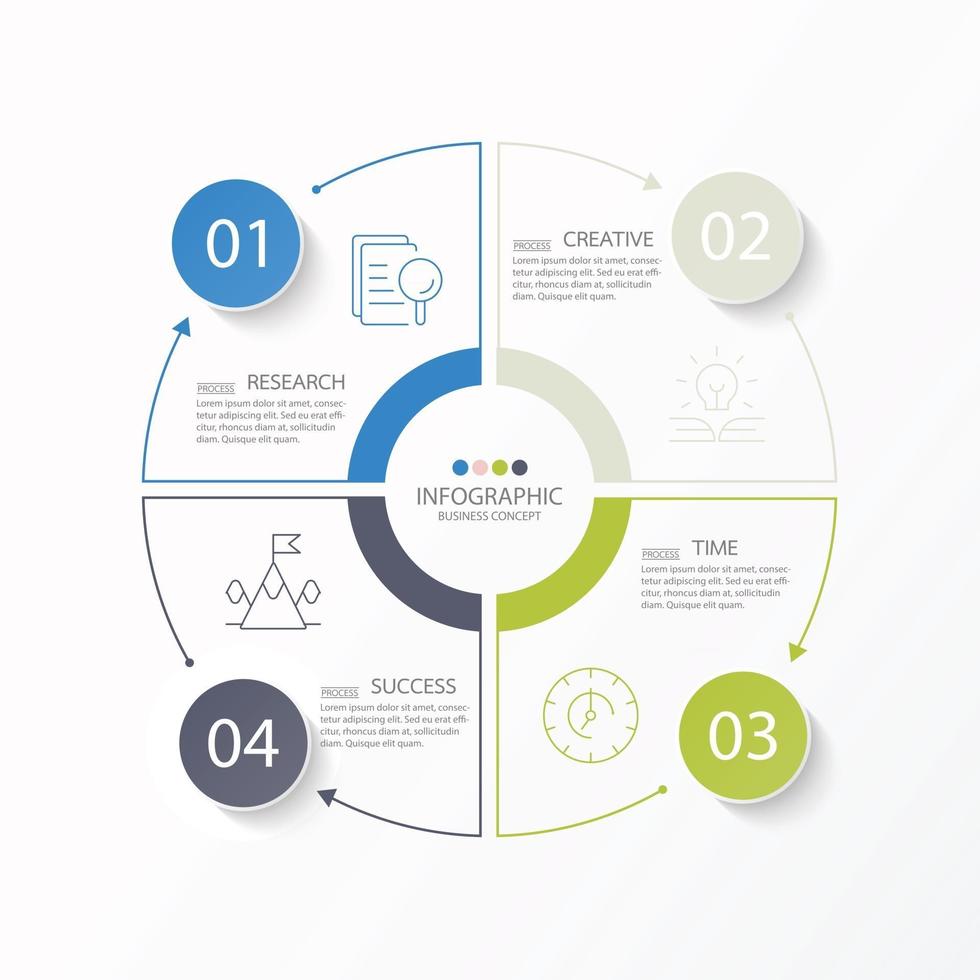 Basic circle infographic template with 4 steps, process or options, process chart, Used for process diagram, presentations, workflow layout, flow chart, infograph. Vector eps10 illustration.