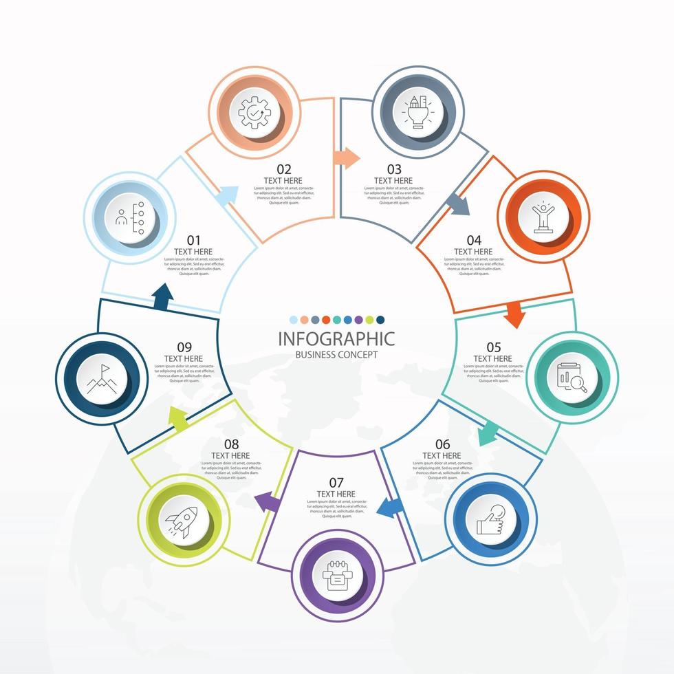 Plantilla de infografía de círculo básico con 9 pasos, proceso u opciones, diagrama de proceso, utilizado para diagrama de proceso, presentaciones, diseño de flujo de trabajo, diagrama de flujo, infografía. ilustración vectorial eps10. vector