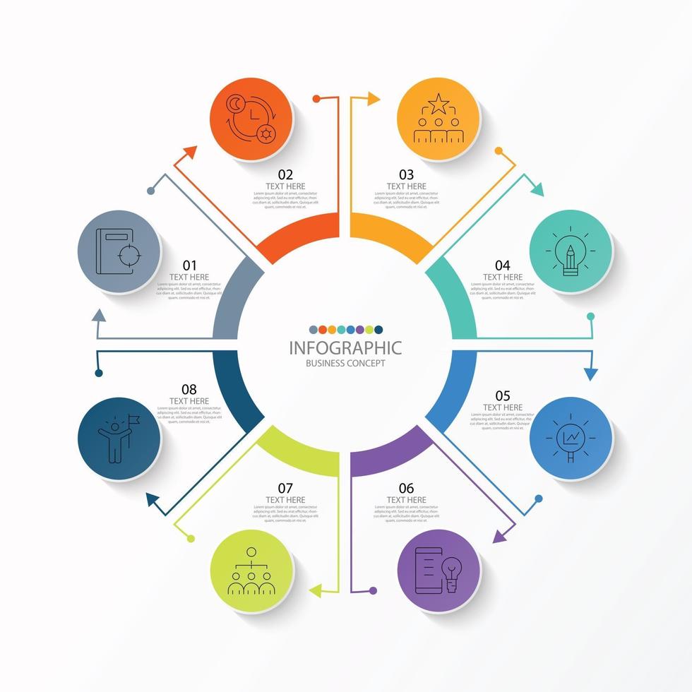 Plantilla de infografía de círculo básico con 8 pasos, proceso u opciones, diagrama de proceso, utilizado para diagrama de proceso, presentaciones, diseño de flujo de trabajo, diagrama de flujo, infografía. ilustración vectorial eps10. vector