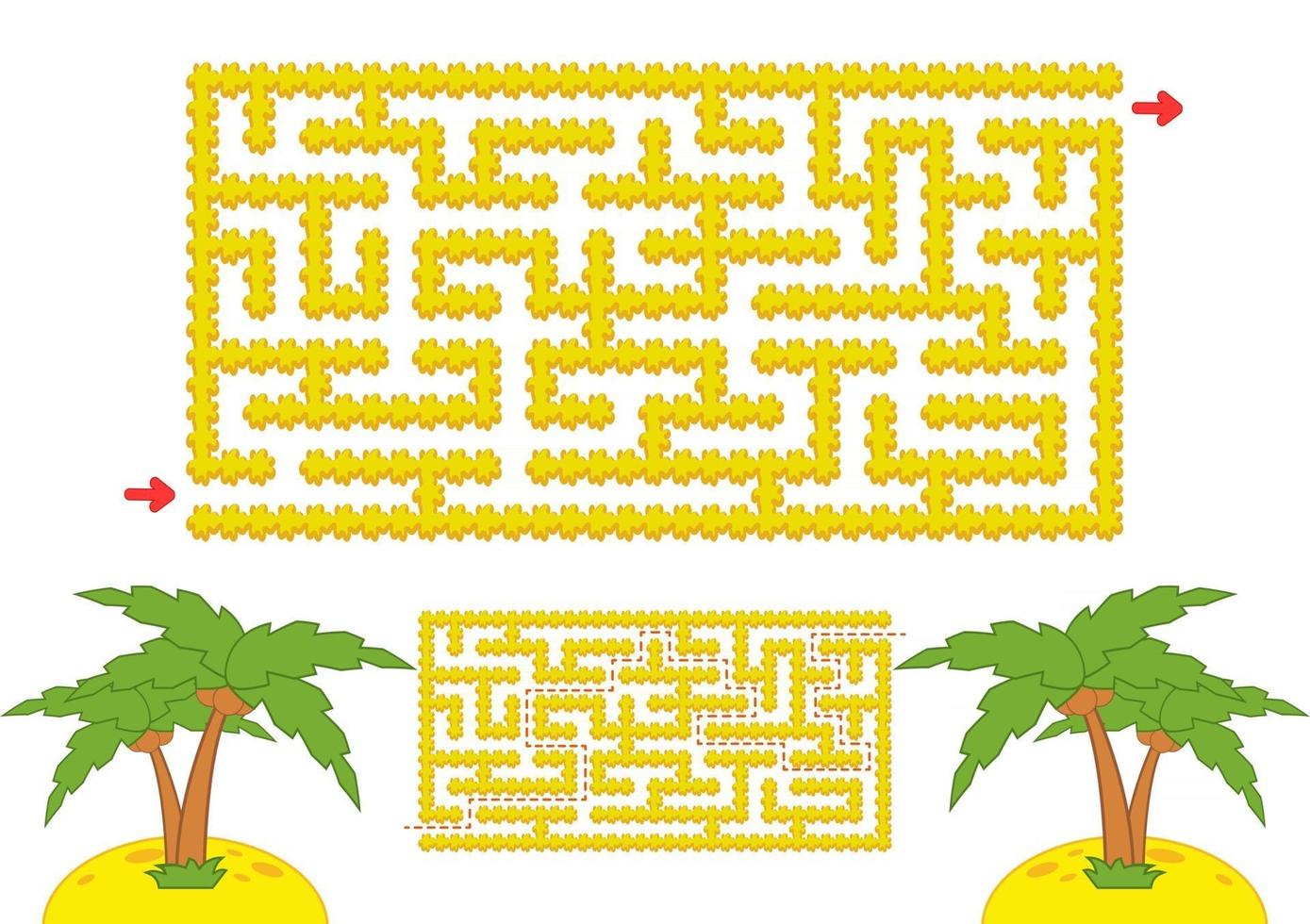 Color rectangular maze. Yellow beach with palm trees in cartoon style. Game for kids. Puzzle for children. Labyrinth conundrum. Flat vector illustration isolated on white background. With the answer.