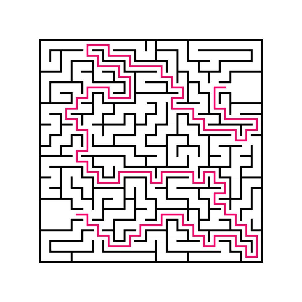 Black square maze with entrance and exit. An interesting and useful game for children. Simple flat vector illustration isolated on white background. With the answer.