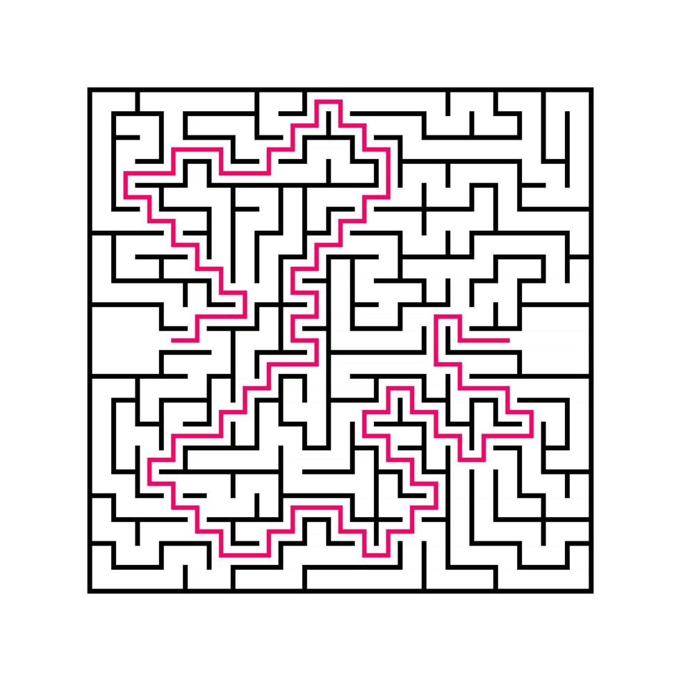 Black square maze with entrance and exit. An interesting and useful game for children. Simple flat vector illustration isolated on white background. With the answer.