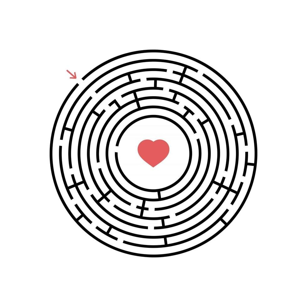 Black round labyrinth with entrance and exit. An interesting and useful game for children. Simple flat vector illustration isolated on white background.