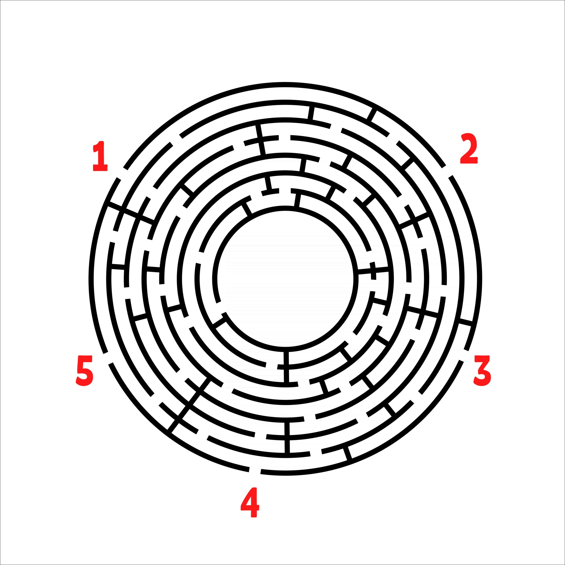 Black round maze. Game for kids. Children's puzzle. Many entrances, one
