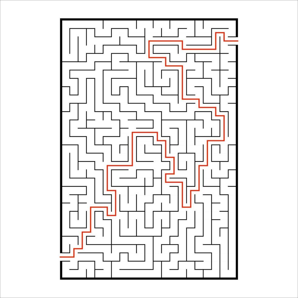 Abstract rectangular maze. Game for kids. Puzzle for children. One entrances, one exit. Labyrinth conundrum. Simple flat vector illustration isolated on white background. With answer.