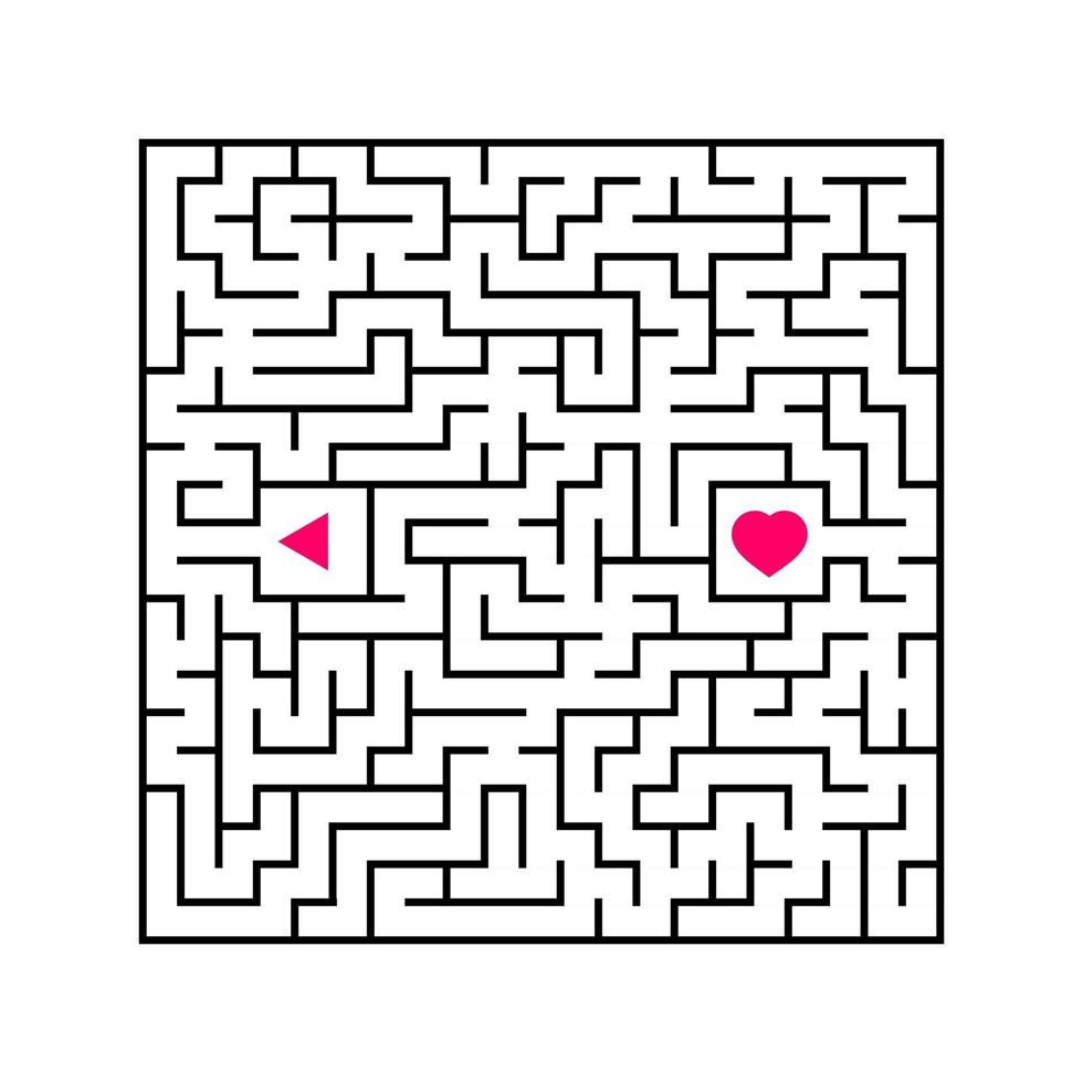 Abstract square maze. An interesting and useful game for children. Find the path from arrow to heart. Simple flat vector illustration isolated on white background.