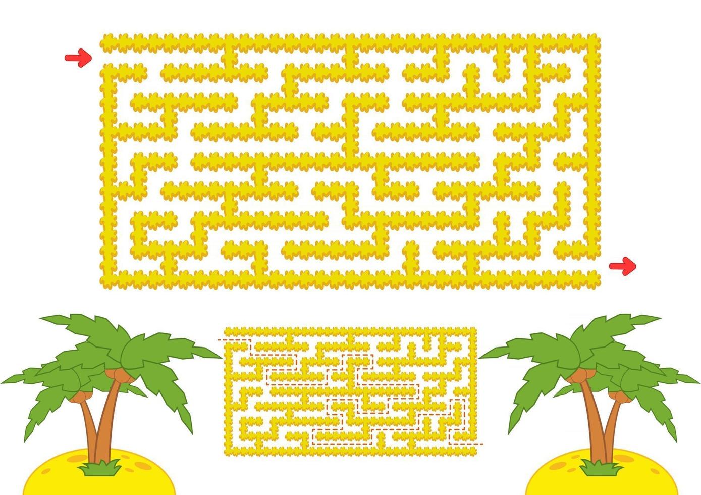 Color rectangular maze. Yellow beach with palm trees in cartoon style. Game for kids. Puzzle for children. Labyrinth conundrum. Flat vector illustration isolated on white background. With the answer.