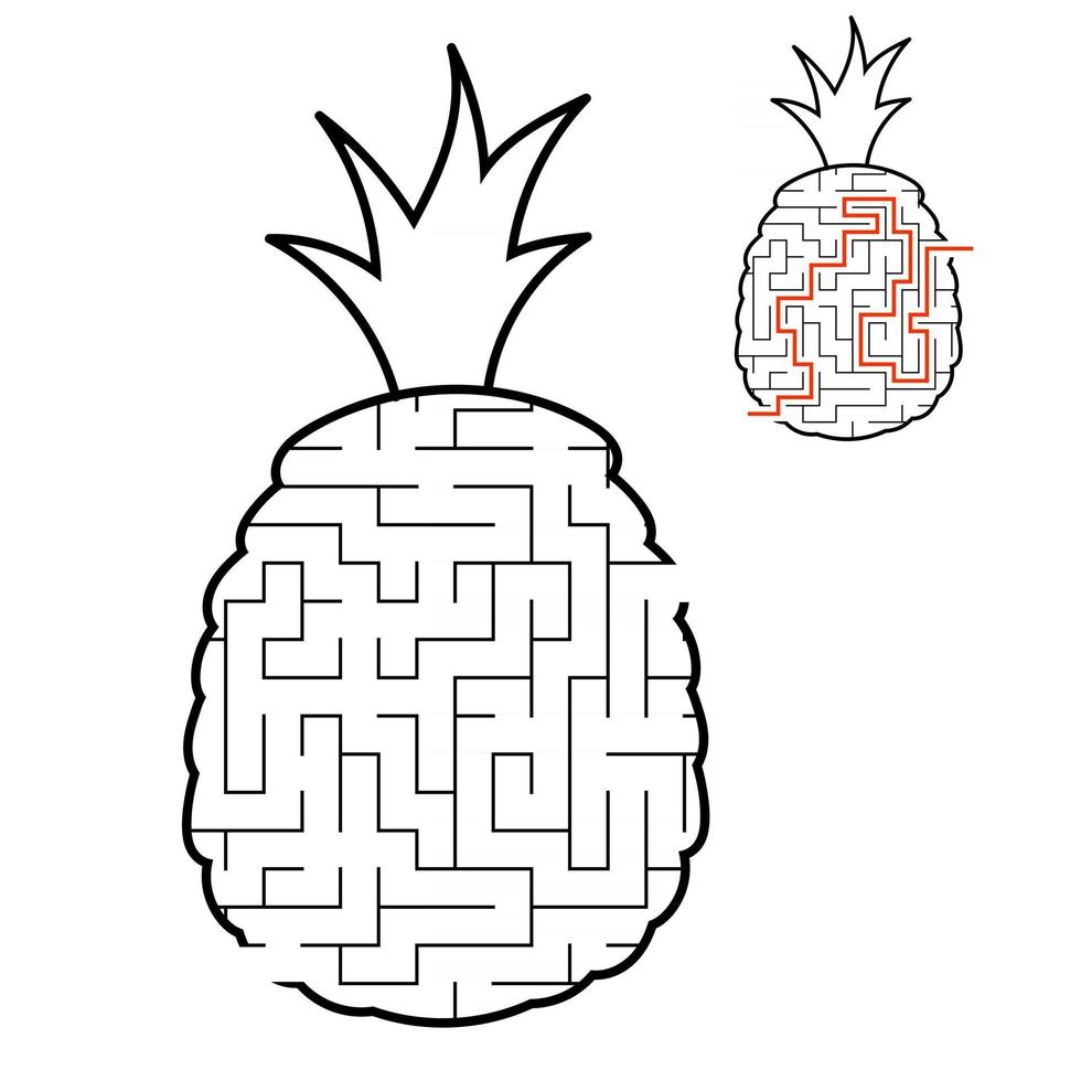 Maze pineapple. Game for kids. Puzzle for children. Cartoon style. Labyrinth conundrum. Black and white vector illustration. With answer. The development of logical and spatial thinking.