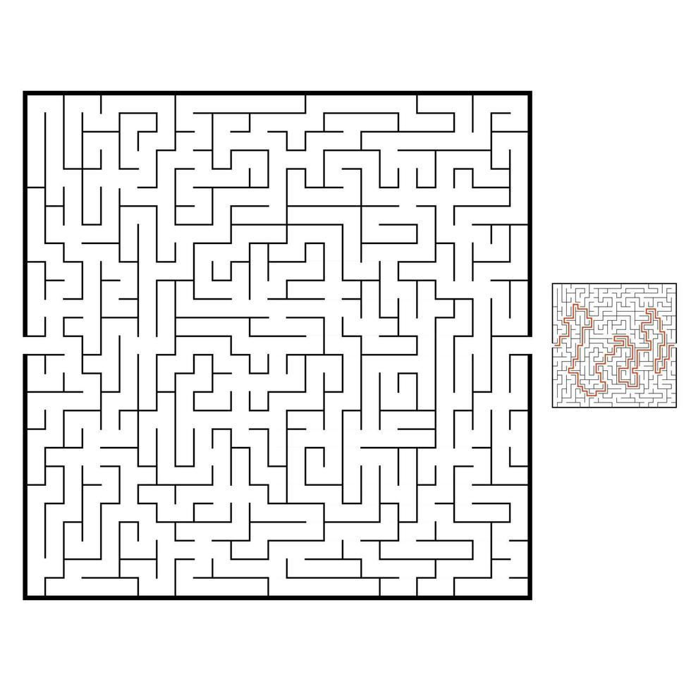 laberinto cuadrado abstracto. juego para niños. rompecabezas para niños. enigma del laberinto. Ilustración de vector plano negro aislado sobre fondo blanco. con respuesta.
