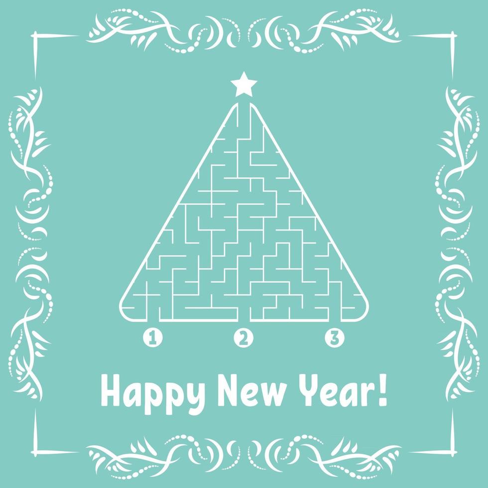 New Year greeting card with a triangular labyrinth. Find the right path to the star. Game for kids. Christmas tree. Maze conundrum. Vector illustration. With frame in vintage style.