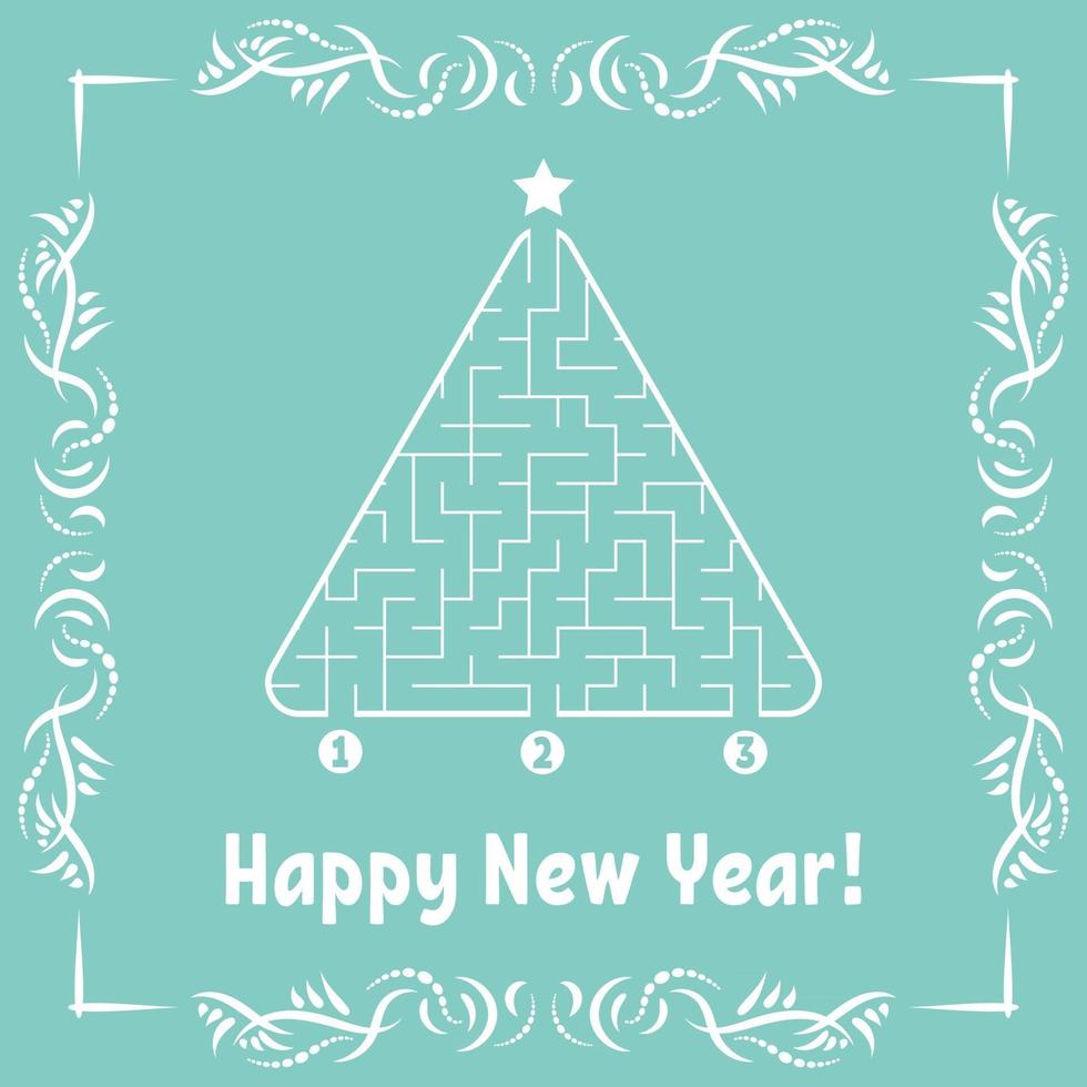 tarjeta de felicitación de año nuevo con un laberinto triangular. encuentra el camino correcto hacia la estrella. juego para niños. árbol de Navidad. enigma del laberinto. ilustración vectorial. con marco en estilo vintage. vector