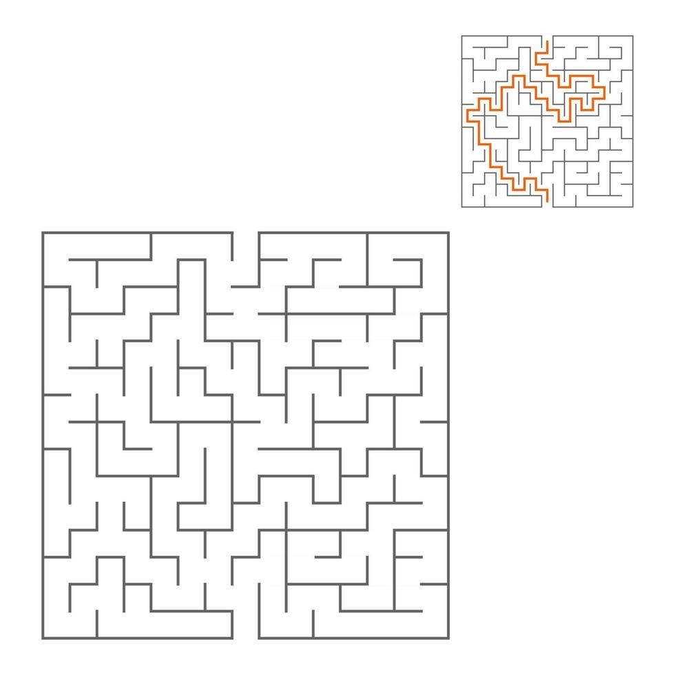 Abstract square maze. Game for kids. Puzzle for children. One entrance, one exit. Labyrinth conundrum. Flat vector illustration isolated on white background. With answer.