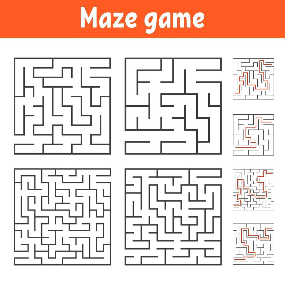 A set of square mazes of various levels of difficulty. Puzzle for children. One entrances, one exit. Labyrinth conundrum. Flat vector illustration isolated on white background. With answer.