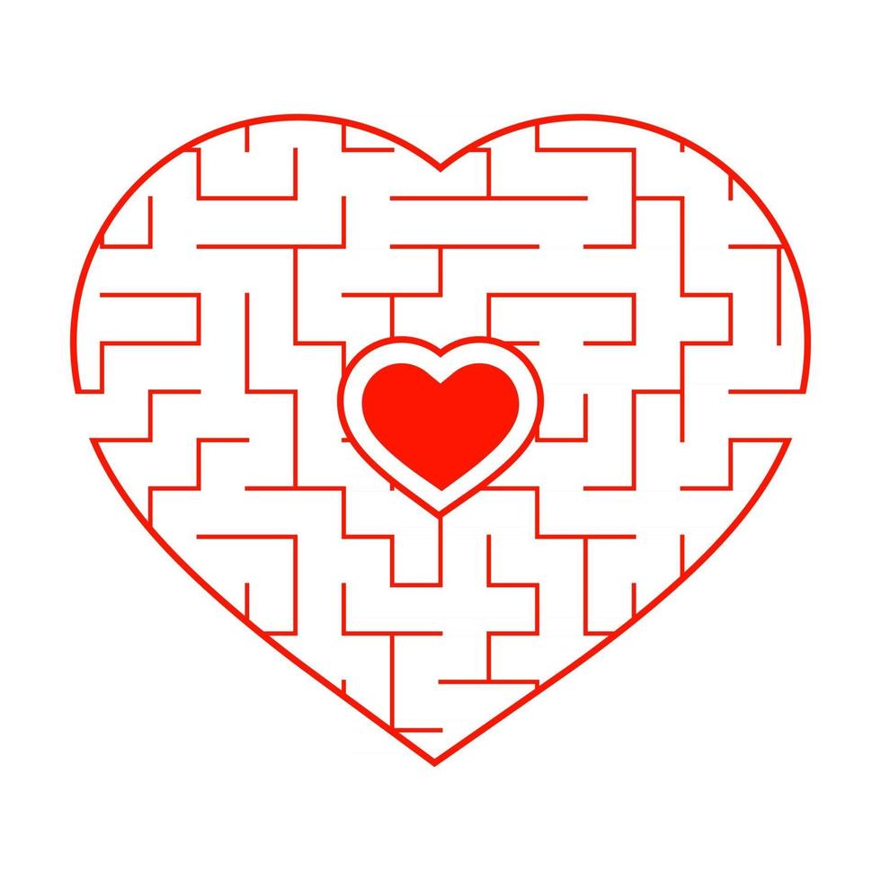 Red heart shaped labyrinth. Game for kids and adults. Puzzle for children. Labyrinth conundrum. Flat vector illustration isolated on white background. Love search concept.