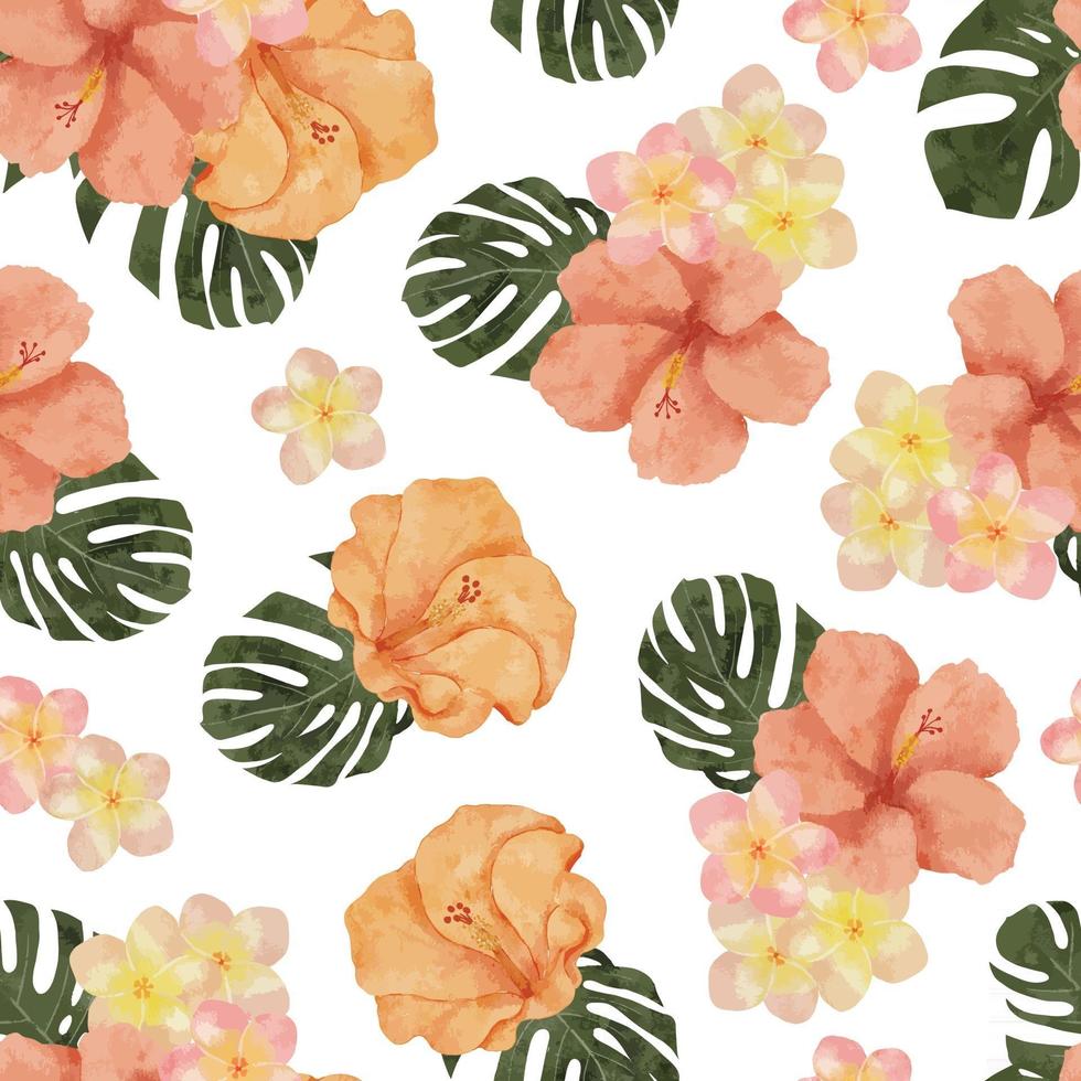 watercolor hibiscus plumeria flower seamless pattern vector