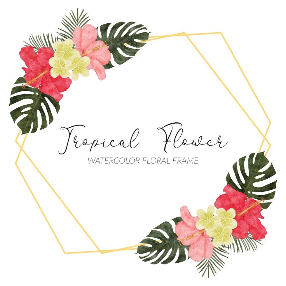 watercolor tropical hibiscus flower rustic frame with monstera vector