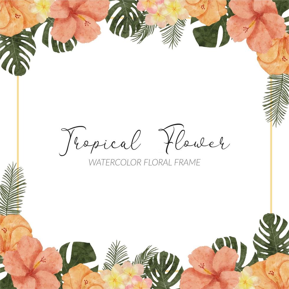 watercolor summer tropical hibiscus flower square frame vector