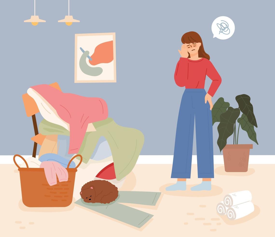 A woman with a headache looking at the pile of laundry. flat design style minimal vector illustration.