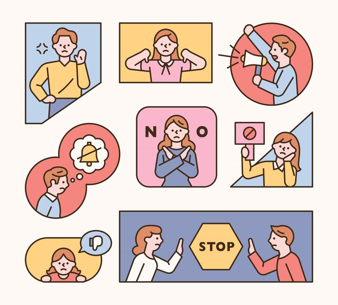 People making warning gestures in frames of various shapes. vector
