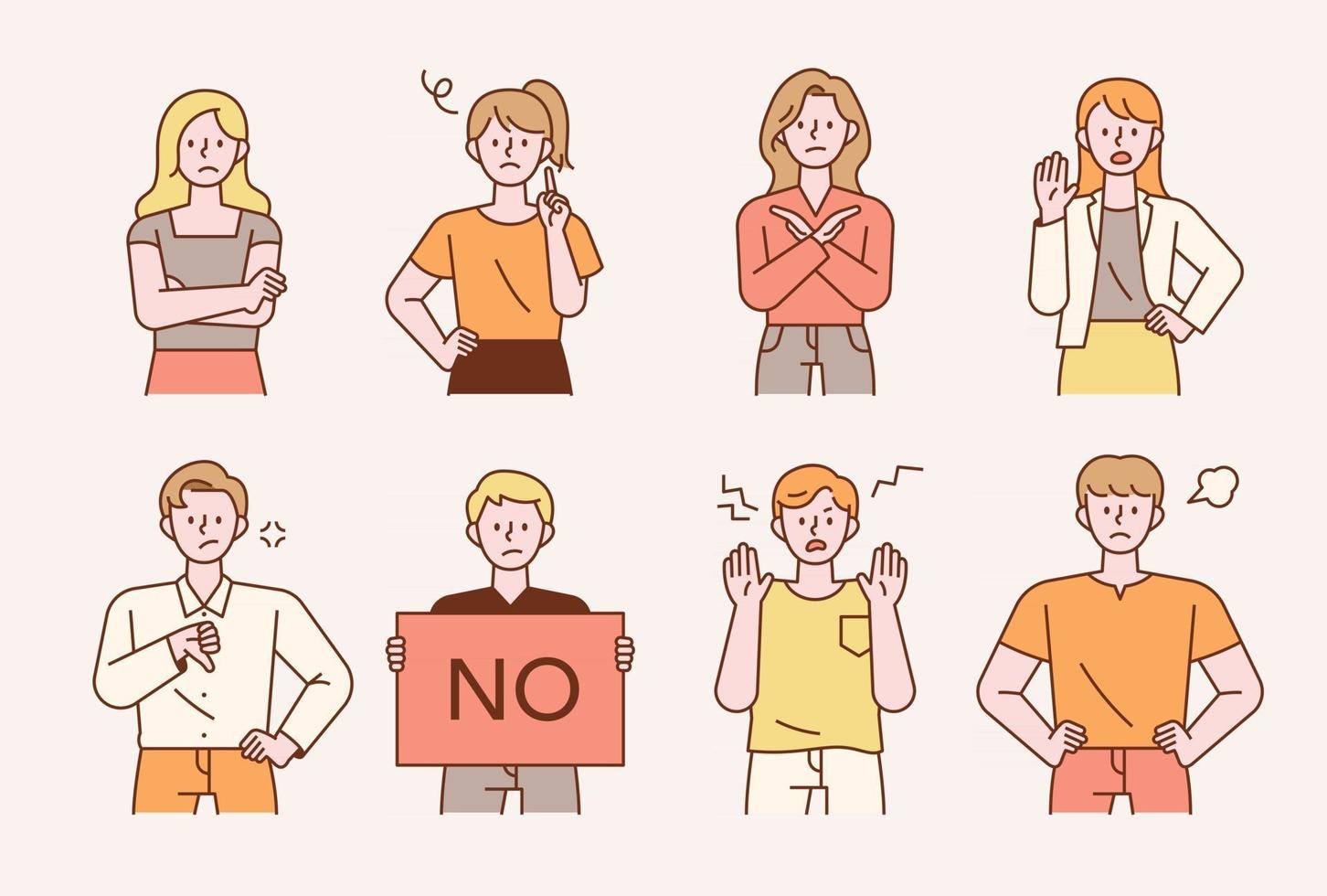people characters with rejection gestures and facial expressions. vector