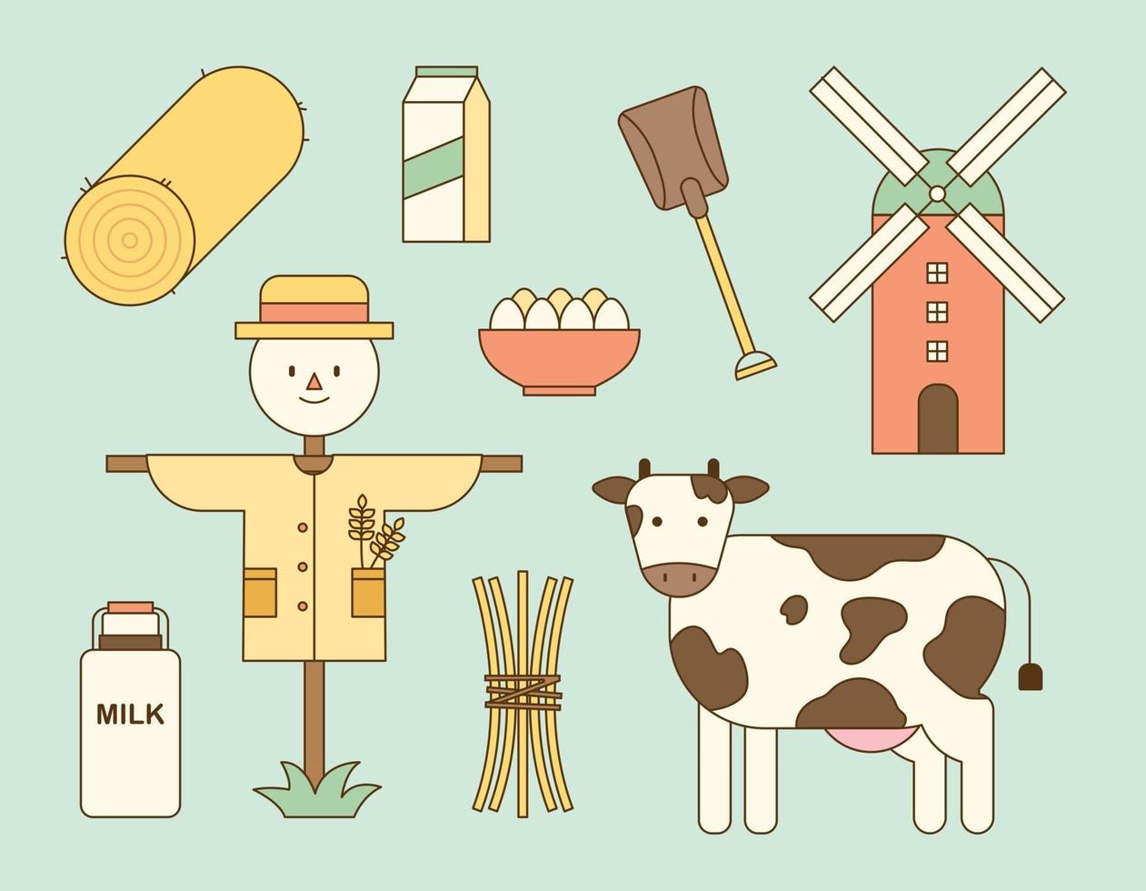 Rural farm objects. Scarecrows made from rice huts and milk from cows. outline simple vector illustration.