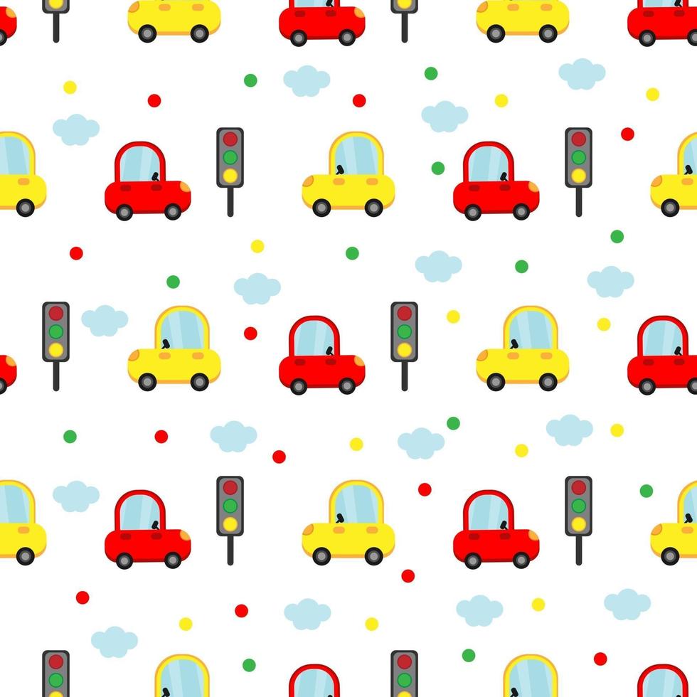 Seamless pattern with colorful cars and traffic lights. vector