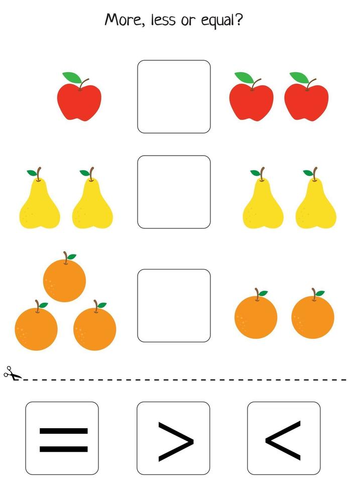 More or less or equal. Counting game. Set of fruits. Comparison for kids vector