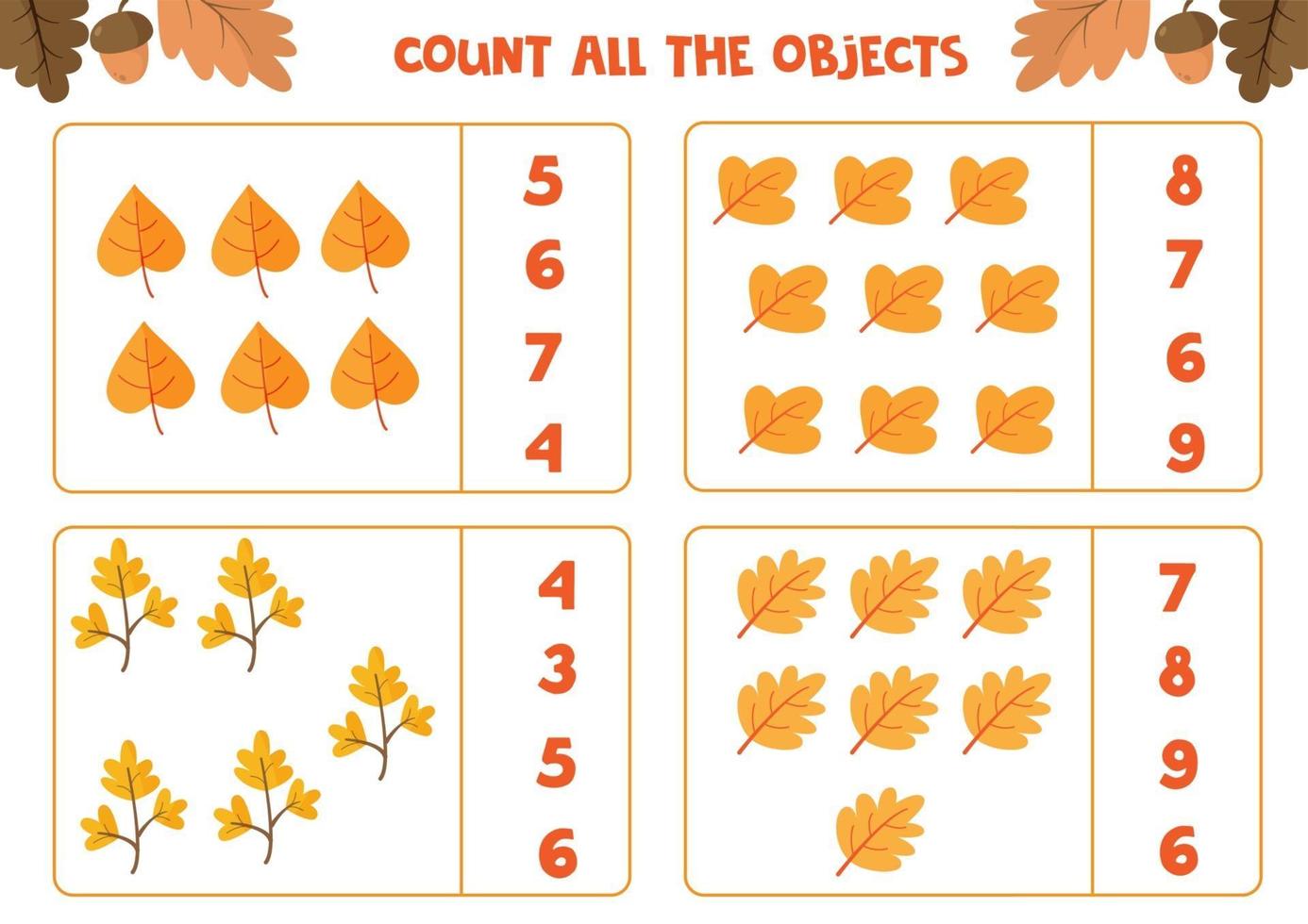 Educational worksheet for preschool kids. Count all the leaves. Math game vector