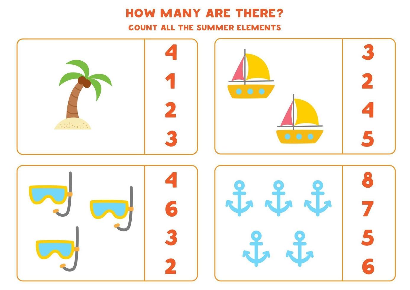 Counting game with cartoon summer elements. Math worksheet. vector