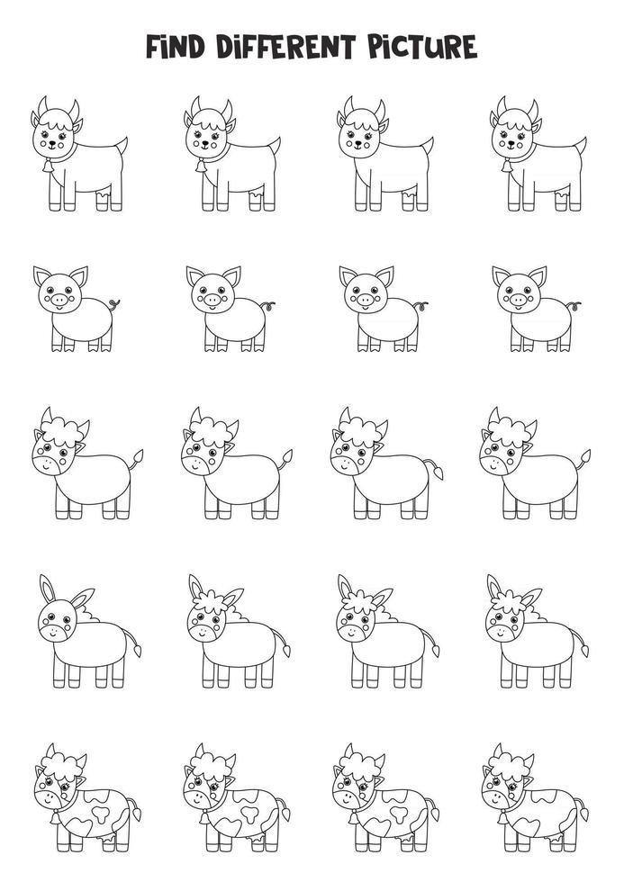 Find farm animal which is different from others. Black and white worksheet for kids. vector