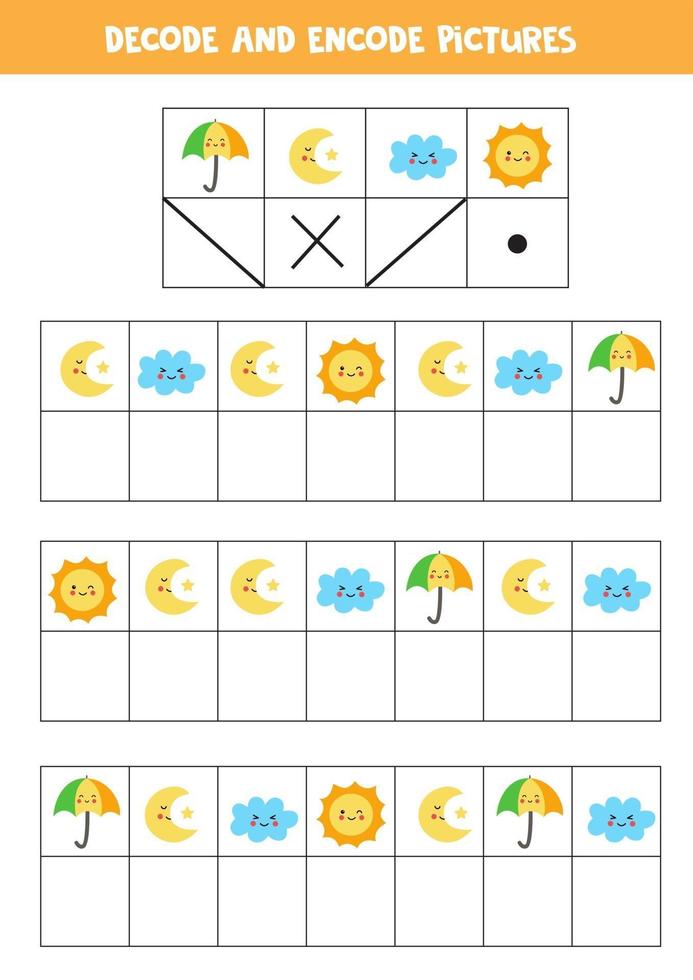 decodificar y codificar imágenes. escribe los símbolos debajo de lindos elementos meteorológicos. vector