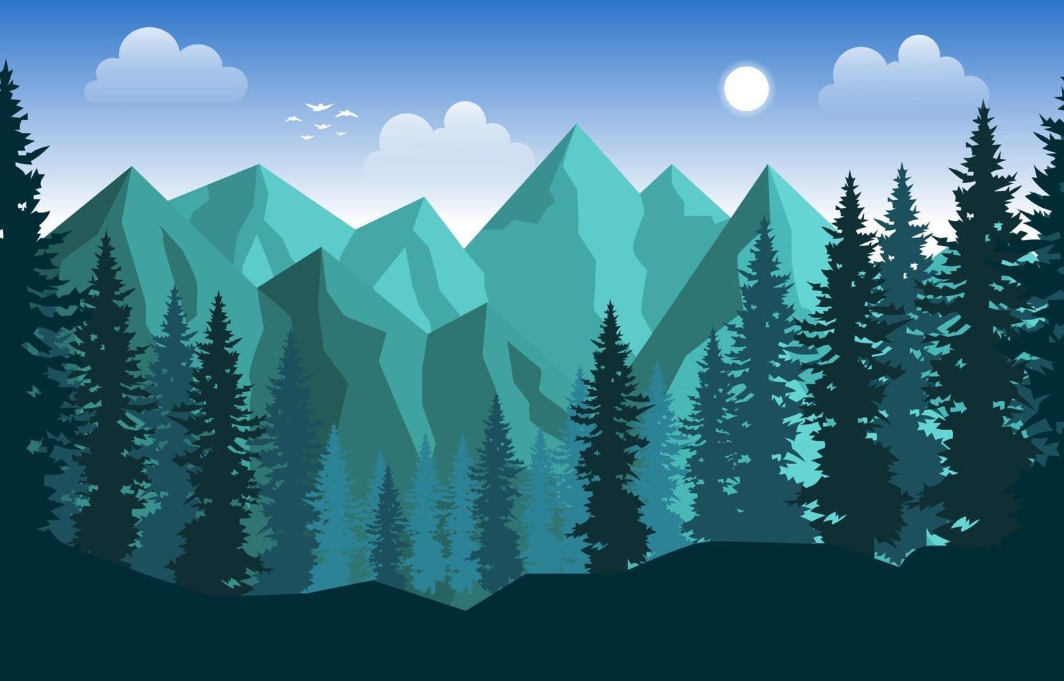 montaña pico pino abetos naturaleza paisaje aventura ilustración vector