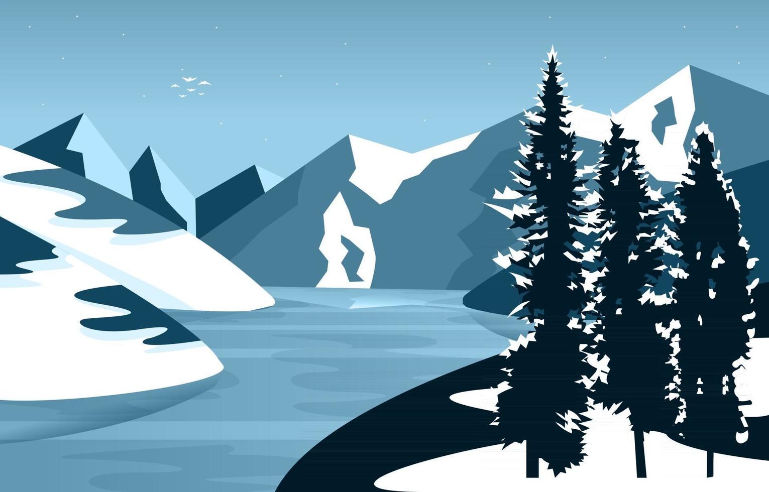 Frozen Lake Winter Ice Mountain Pine Nature Landscape Illustration vector