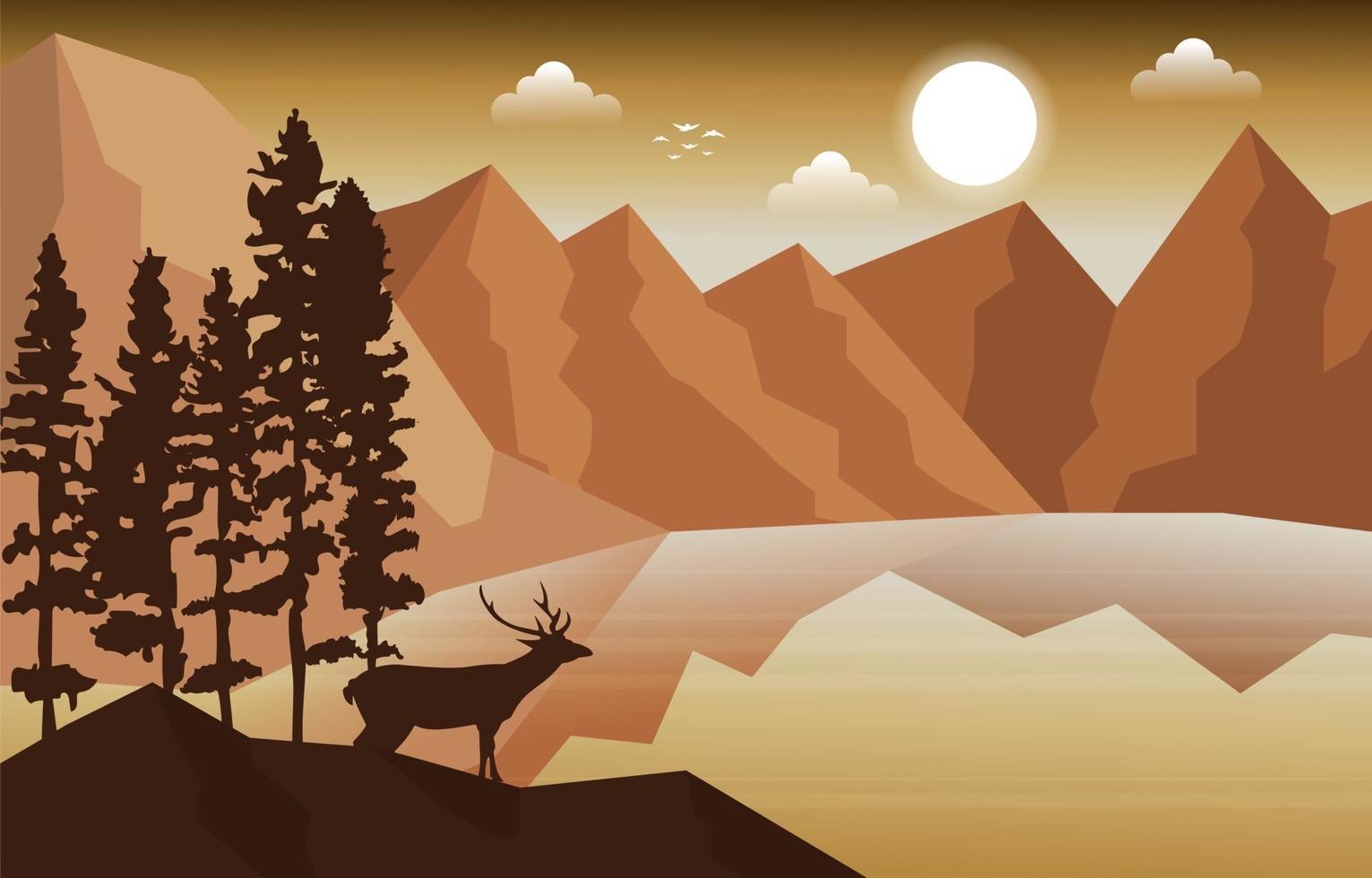 ciervo pico de montaña pinos naturaleza paisaje aventura ilustración vector