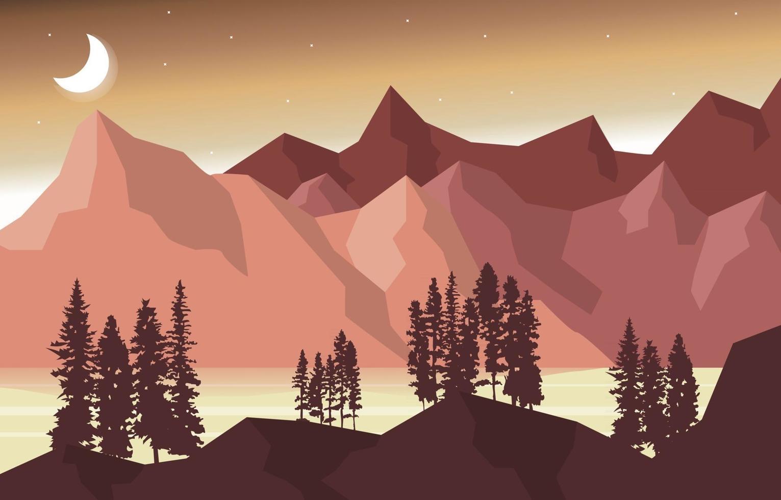noche montaña pico pinos naturaleza paisaje aventura ilustración vector