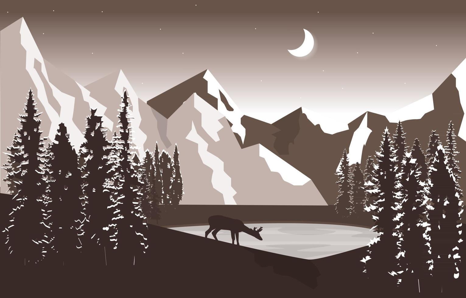 noche montaña pico pinos naturaleza paisaje aventura ilustración vector