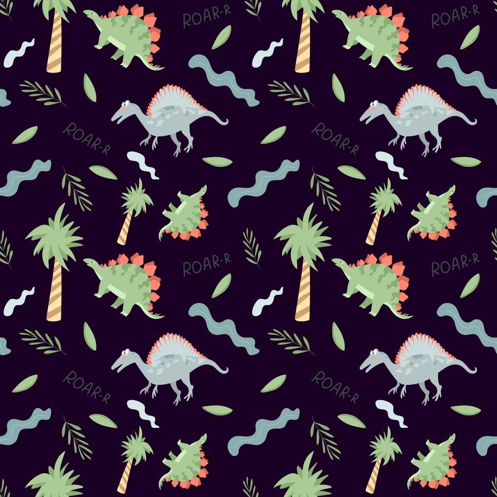 patrón sin fisuras con lindos dinosaurios y árboles sobre un fondo oscuro. vector textura sin fin con estilo de dibujos animados para diseño infantil
