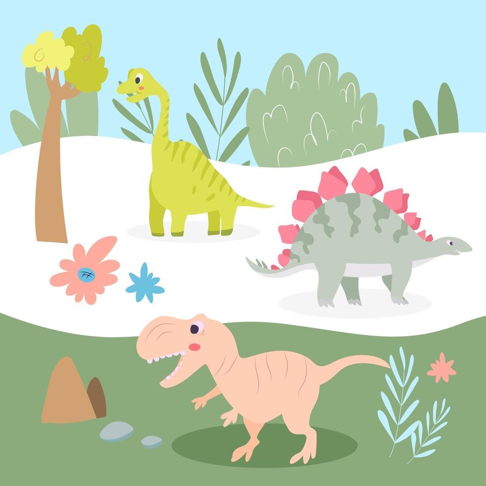 conjunto de lindos dinosaurios carnívoros y herbívoros. vector