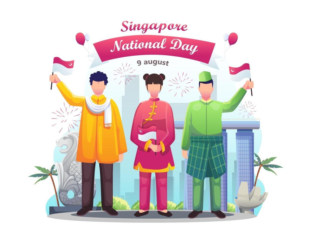 People in different cultures celebrate Singapore's independence day on August 9th. vector illustration