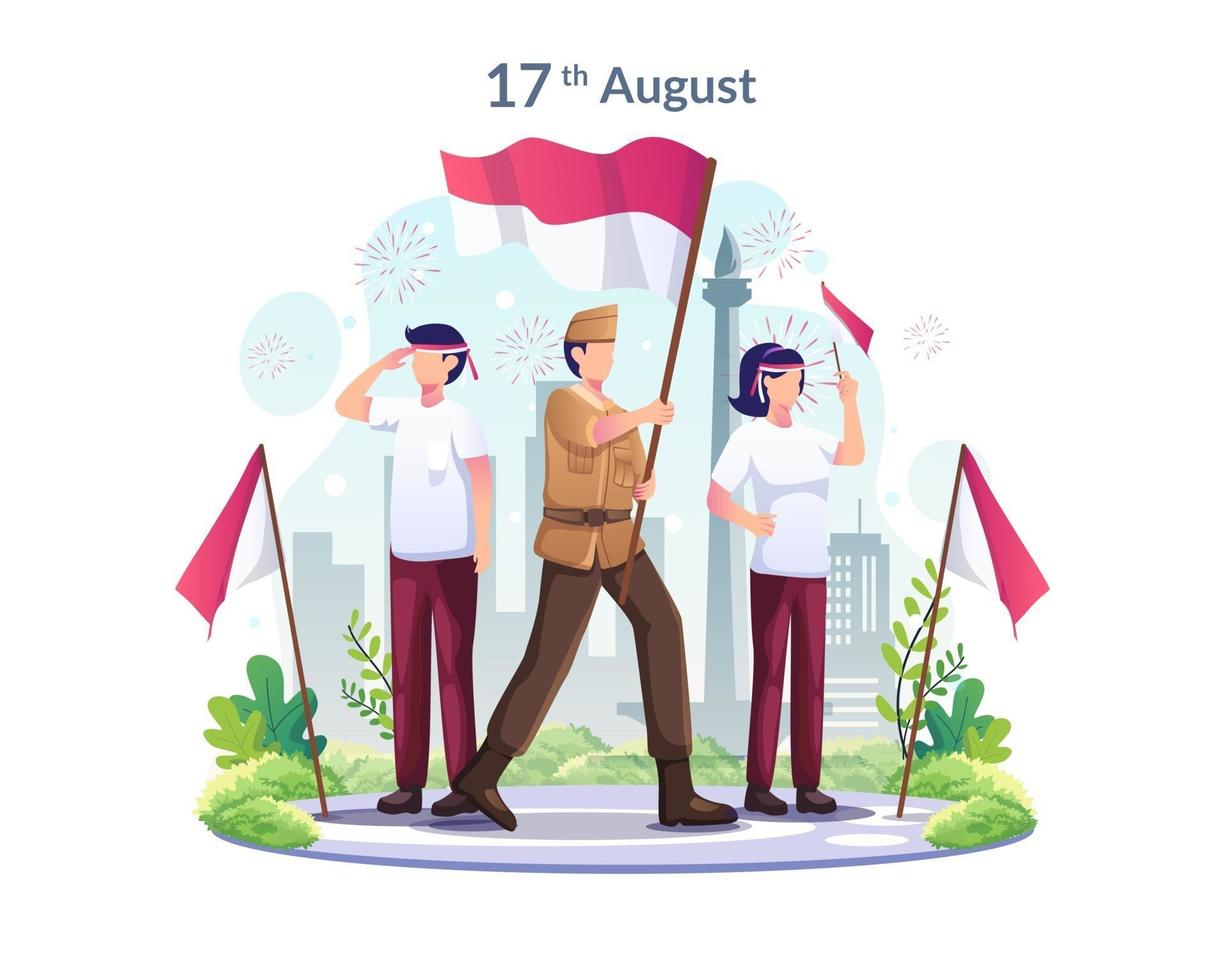 jóvenes y héroes celebran el día de la independencia de indonesia el 17 de agosto. ilustración vectorial vector