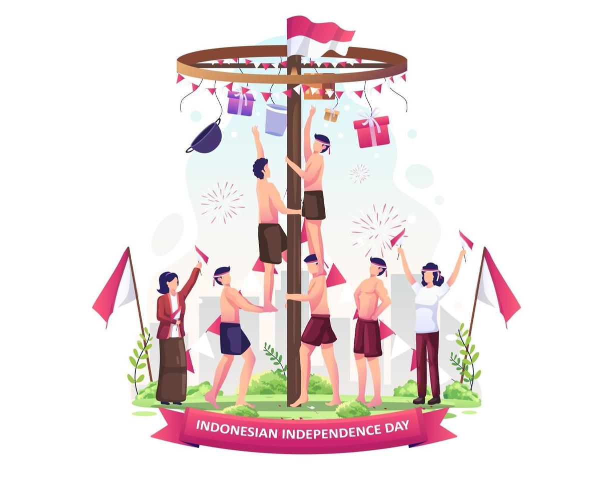 Los indonesios compiten por la escalada pinang para celebrar el día de la independencia de Indonesia el 17 de agosto. ilustración vectorial vector